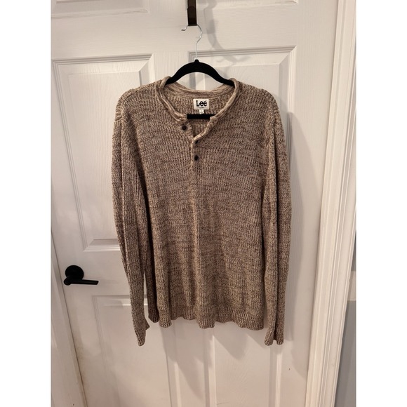 Lee Men's Heather Brown Ribbed Knit Sweater Size L Fisherman Outdoor 2 Button - Picture 1 of 9
